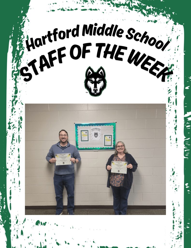 hartford middle school staff of the week mr manning and mrs morsaw pose with their sotw certificates