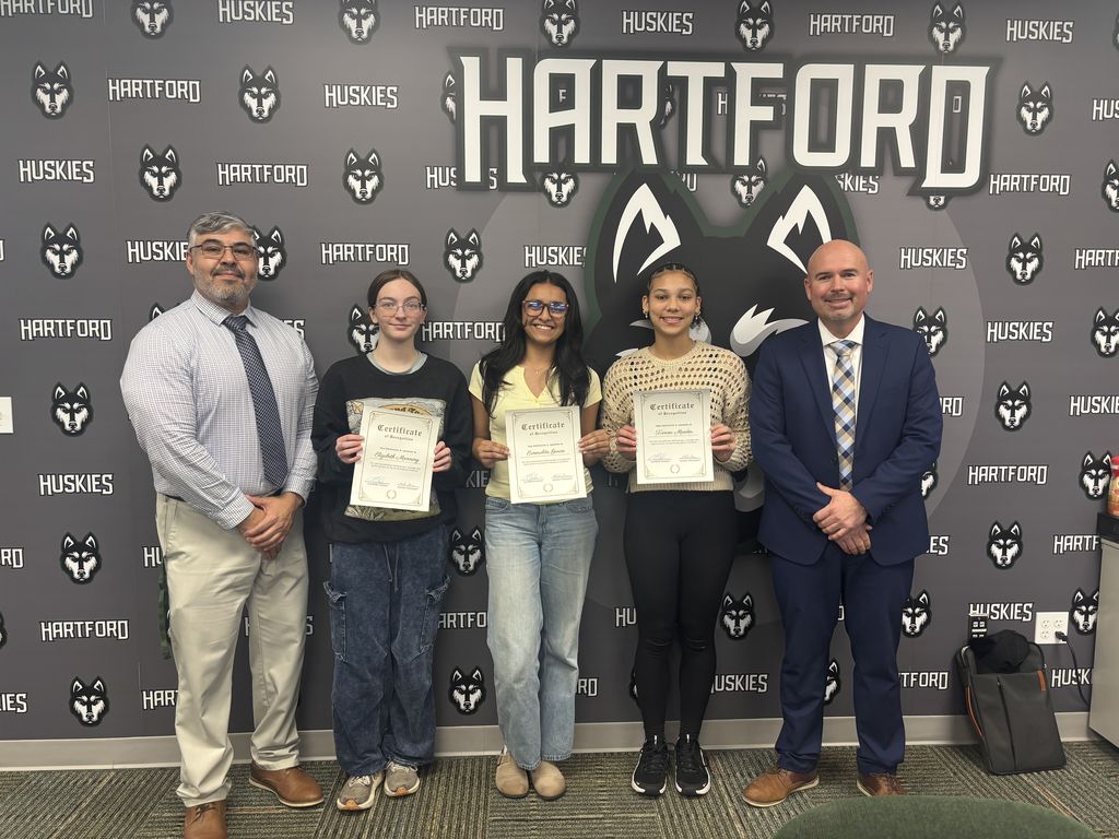 Ti'onna Maeder, Esmeralda Garcia, and Elizabeth Manning with principal robles and superintendent blackmer