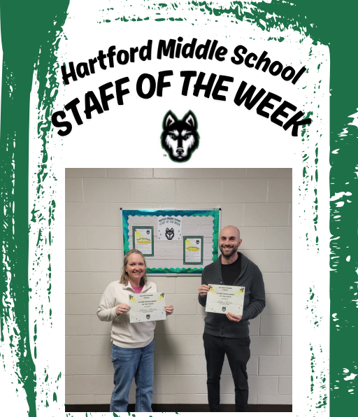 middle school staff spotlight mrs nelson and mr golas pose with their awards