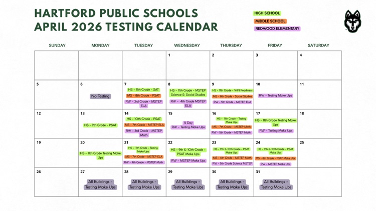 April 2026 district testing calendar