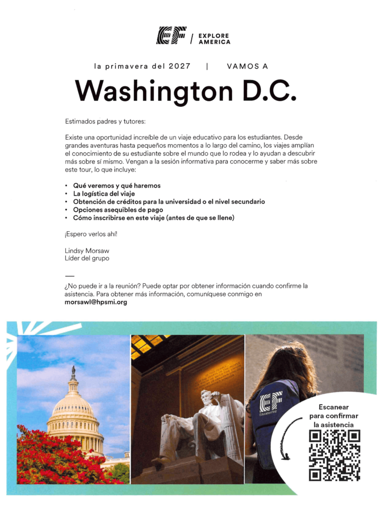 Attention Families of 7th Grade Students who have NOT signed up for the DC trip yet.  As a reminder, your family must register for the meeting if you plan to attend. If you have not done so yet, click the following link: https://rsvp.efexploreamerica.com/j5vcfge  This informational meeting for the Spring 2027 trip to Washington, D.C. will take place at 7:00 PM on April 7 in Room 122 in the Middle School (Mrs. Morsaw's classroom.)  (If you have already signed up for the DC Trip, you DO NOT have to attend this meeting.)