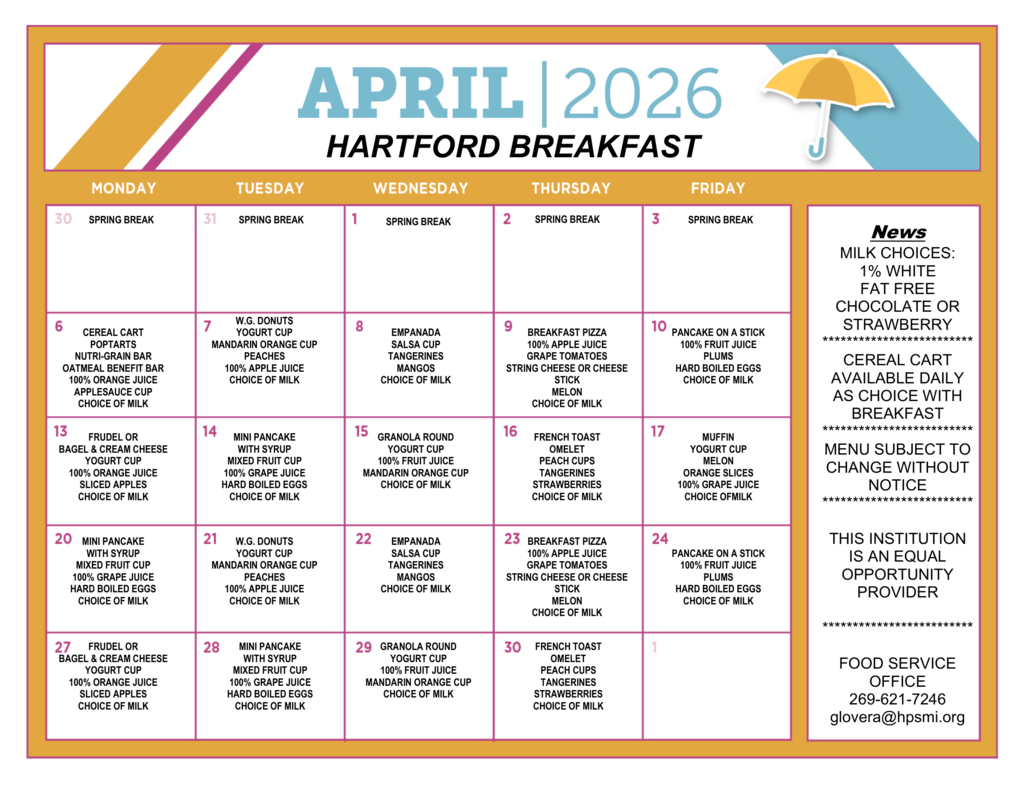 April Breakfast/Lunch Menus