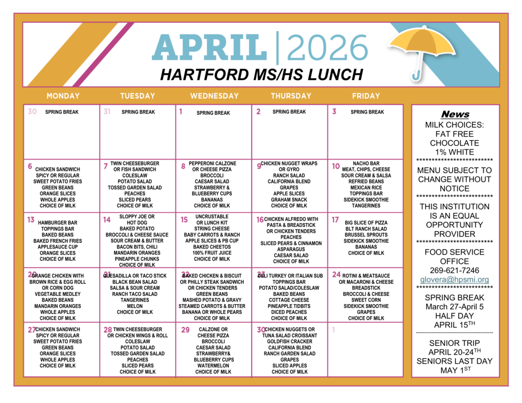 April Breakfast/Lunch Menus