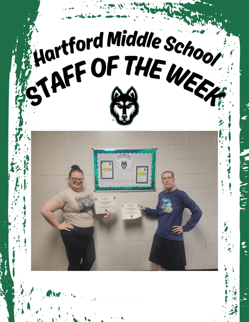 hartford middle school staff of the week mrs briely and gina manning pose with their awards