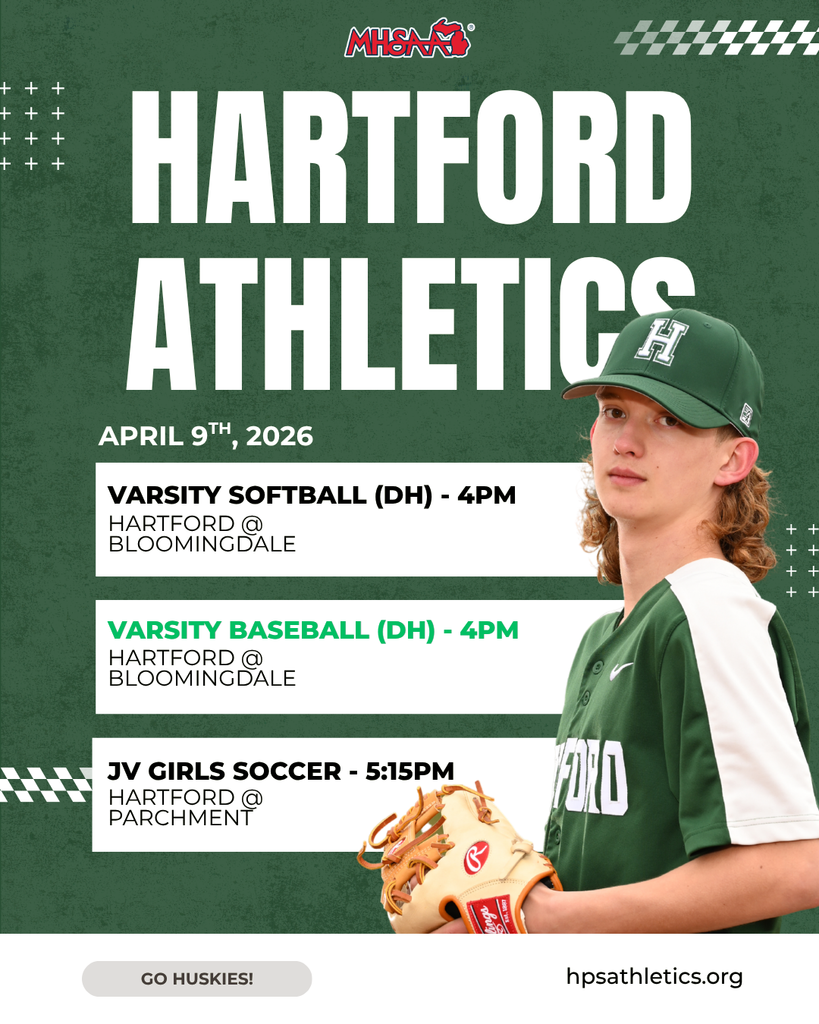 HPS Athletics (4/9/26): 🥎Varsity Softball @ Bloomingdale (DH) - AWAY @ 4PM ⚾️Varsity Baseball @ Bloomingdale (DH) - AWAY @ 4PM ⚽️JV Girls Soccer @ Parchment - AWAY @ 5:15PM  GO HUSKIES! 💚🤍