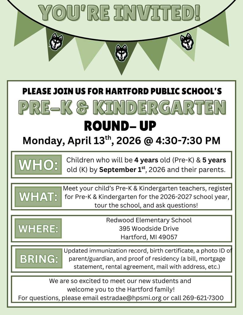 🎉 Today’s the Day, Hartford Families! 🐾💚  Join us TONIGHT for our Pre-K & Kindergarten Round-Up at Redwood Elementary!  📅 Monday, April 13th ⏰ 4:30 – 7:30 PM 📍 Redwood Elementary School  Come meet our amazing teachers, explore the school, get your questions answered, and enroll for the 2026–2027 school year!  👧🧒 Who should attend? Children who will be 4 years old (Pre-K) or 5 years old (Kindergarten) by September 1st, 2026 — and their families!  ✨ Why Redwood? We offer FREE programs for families, including: 🐾 Before school drop-off starting at 7:00 AM 🐾 After school program (Mon–Thurs until 5:30 PM) 🐾 Summer school (Mon–Fri, 8 AM–2 PM) 🐾 Young 5’s full-day program 🐾 Onsite preschool for 4-year-olds  🎁 Bonus: All new Kindergarten & Young 5 students receive a FREE learning tablet!  📌 Don’t forget to bring: ✔️ Birth certificate ✔️ Immunization records ✔️ Photo ID ✔️ Proof of residency  We can’t wait to welcome you to the Hartford Husky family! 🐺💚  #HartfordHuskies #KindergartenRoundUp #FutureHuskies #RedwoodElementary  🎉 ¡Hoy es el gran día, familias de Hartford! 🐾💚  ¡Acompáñennos ESTA NOCHE en nuestra jornada informativa y de inscripción para Preescolar y Kindergarten en Redwood Elementary!  📅 Lunes, 13 de abril ⏰ 4:30 – 7:30 p. m. 📍 Escuela Primaria Redwood  ¡Vengan a conocer a nuestros increíbles maestros, exploren la escuela, resuelvan sus dudas e inscriban a sus hijos para el año escolar 2026–2027!  👧🧒 ¿Quiénes deben asistir? ¡Los niños que cumplan 4 años (Preescolar) o 5 años (Kindergarten) antes del 1.º de septiembre de 2026, junto con sus familias!  ✨ ¿Por qué elegir Redwood? Ofrecemos programas GRATUITOS para las familias, que incluyen: 🐾 Servicio de llegada temprana (antes del horario escolar) a partir de las 7:00 a. m. 🐾 Programa extracurricular (de lunes a jueves, hasta las 5:30 p. m.) 🐾 Escuela de verano (de lunes a viernes, de 8:00 a. m. a 2:00 p. m.) 🐾 Programa de jornada completa para niños de 5 años (Young 5s) 🐾 Preescolar en las instalaciones para niños de 4 años  🎁 Beneficio adicional: ¡Todos los nuevos estudiantes de Kindergarten y del programa Young 5s recibirán una tableta de aprendizaje GRATIS!  📌 No olviden traer: ✔️ Certificado de nacimiento ✔️ Cartilla de vacunación ✔️ Identificación oficial con foto ✔️ Comprobante de domicilio  ¡Estamos ansiosos por darles la bienvenida a la familia de los Hartford Huskies! 🐺💚  #HartfordHuskies #KindergartenRoundUp #FutureHuskies #RedwoodElementary