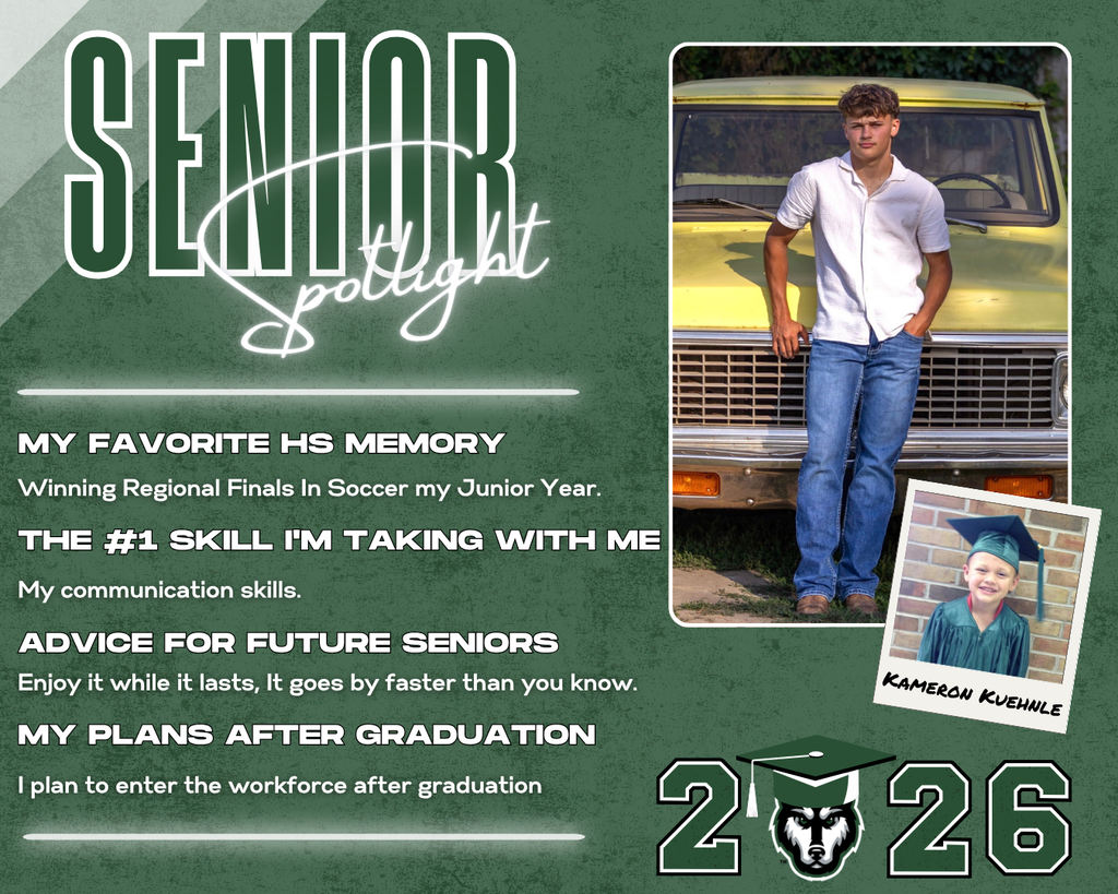 Green “Senior Spotlight” graphic featuring a high school senior leaning against a yellow truck, wearing a white shirt and jeans. Text highlights include: favorite high school memory—winning regional soccer finals junior year; top skill—communication; advice—enjoy high school because it goes by fast; plans after graduation—entering the workforce. A small inset photo shows the student as a young child in a graduation cap, labeled with the name Kameron Kuehnle. Class of 2026 is displayed at the bottom.