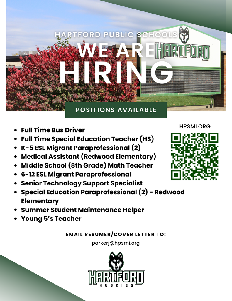 Full Time Bus Driver Full Time Special Education Teacher (HS) K-5 ESL Migrant Paraprofessional (2) Medical Assistant (Redwood Elementary) Middle School (8th Grade) Math Teacher 6-12 ESL Migrant Paraprofessional Senior Technology Support Specialist Special Education Paraprofessional (2) - Redwood Elementary Summer Student Maintenance Helper Young 5’s Teacher We Are Hiring hartford public schools positions available