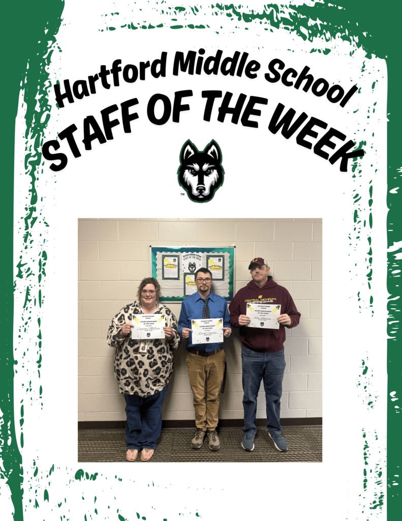 mrs mcgrew, mr clements, and mr robinson with their hms staff of the week awards