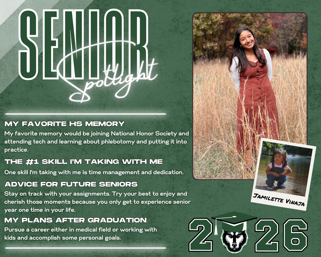 class of 2026 senior spotlight jamilette vinaja. MY Favorite HS Memory the #1 Skill I'm Taking with Me Advice for Future Seniors my Plans after Graduation One skill I'm taking with me is time management and dedication. My favorite memory would be joining National Honor Society and attending tech and learning about phlebotomy and putting it into practice. Stay on track with your assignments. Try your best to enjoy and cherish those moments because you only get to experience senior year one time in your life. Pursue a career either in medical field or working with kids and accomplish some personal goals.