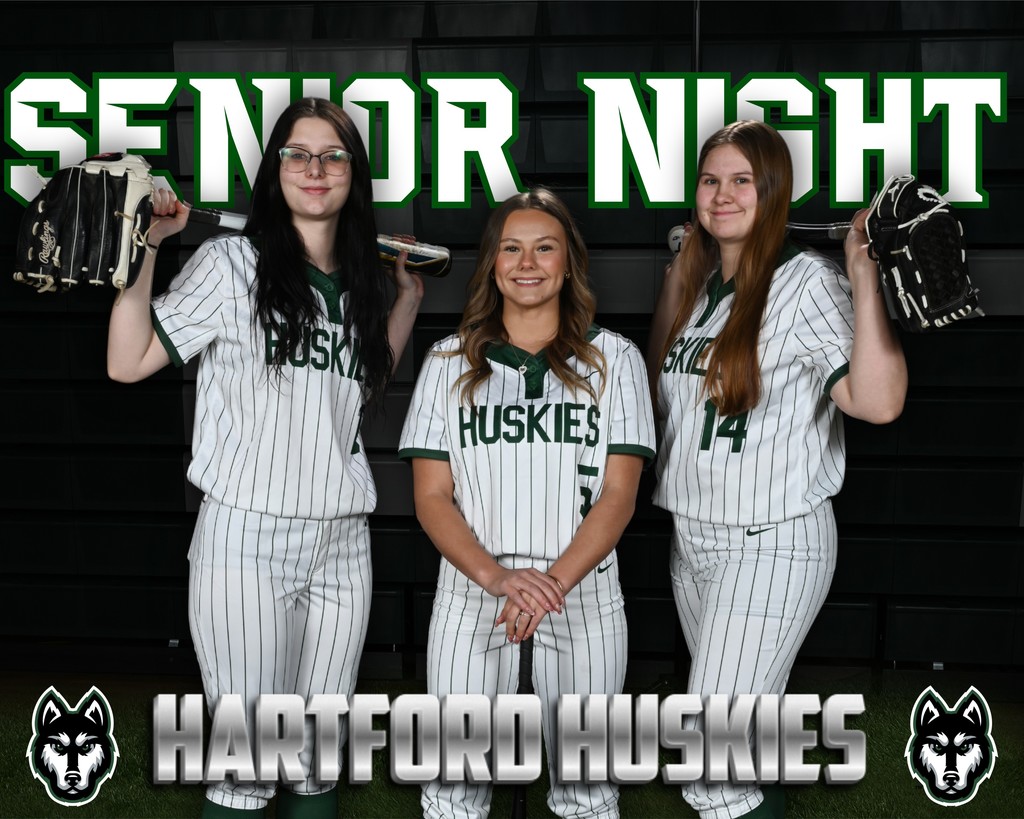 Hartford Huskies softball seniors posing in uniform with bats and gloves under a “Senior Night” graphic.
