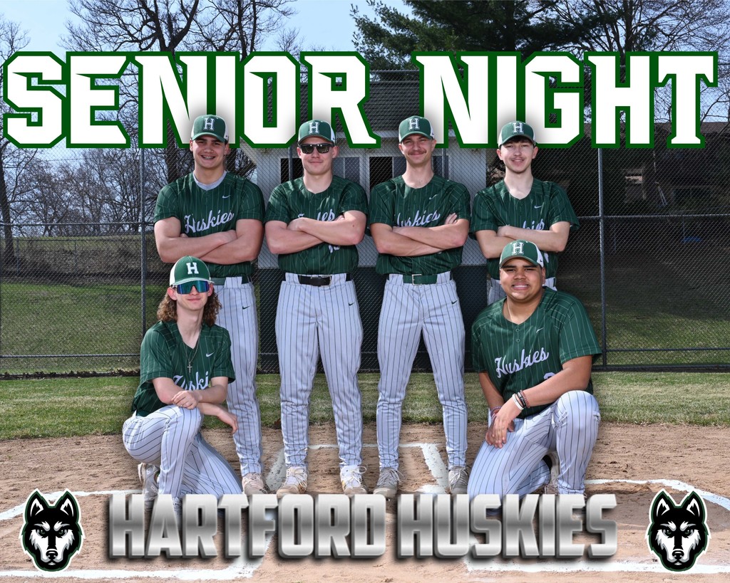 Hartford Huskies baseball seniors posing on the baseball field with “Senior Night” and Hartford Huskies graphics.