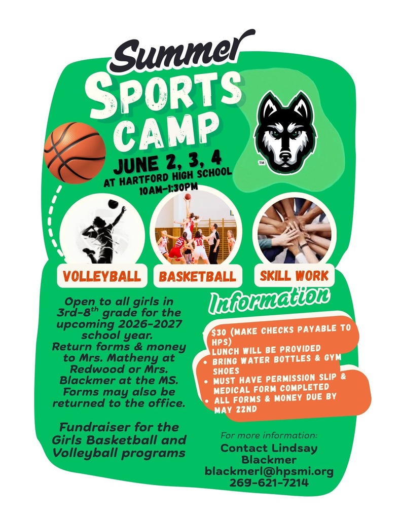 Bright green “Summer Sports Camp” flyer featuring a wolf mascot logo and basketball image. Camp dates are June 2, 3, and 4 at Hartford High School from 10:00 AM–1:30 PM. Featured activities include volleyball, basketball, and skill work, illustrated with sports photos/icons. The camp is open to girls entering 3rd–8th grade for the 2026–2027 school year. Registration costs $30, lunch is provided, and participants should bring water bottles and gym shoes. Permission slips and medical forms must be completed, with all forms and payment due by May 22. The camp is a fundraiser for the girls’ basketball and volleyball programs. Contact information for Lindsay Blackmer, including email and phone number, appears at the bottom.