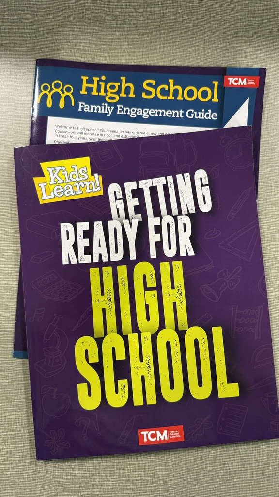 Two educational family engagement guides stacked on a gray textured surface, including “Getting Ready for High School” and “High School Family Engagement Guide.”