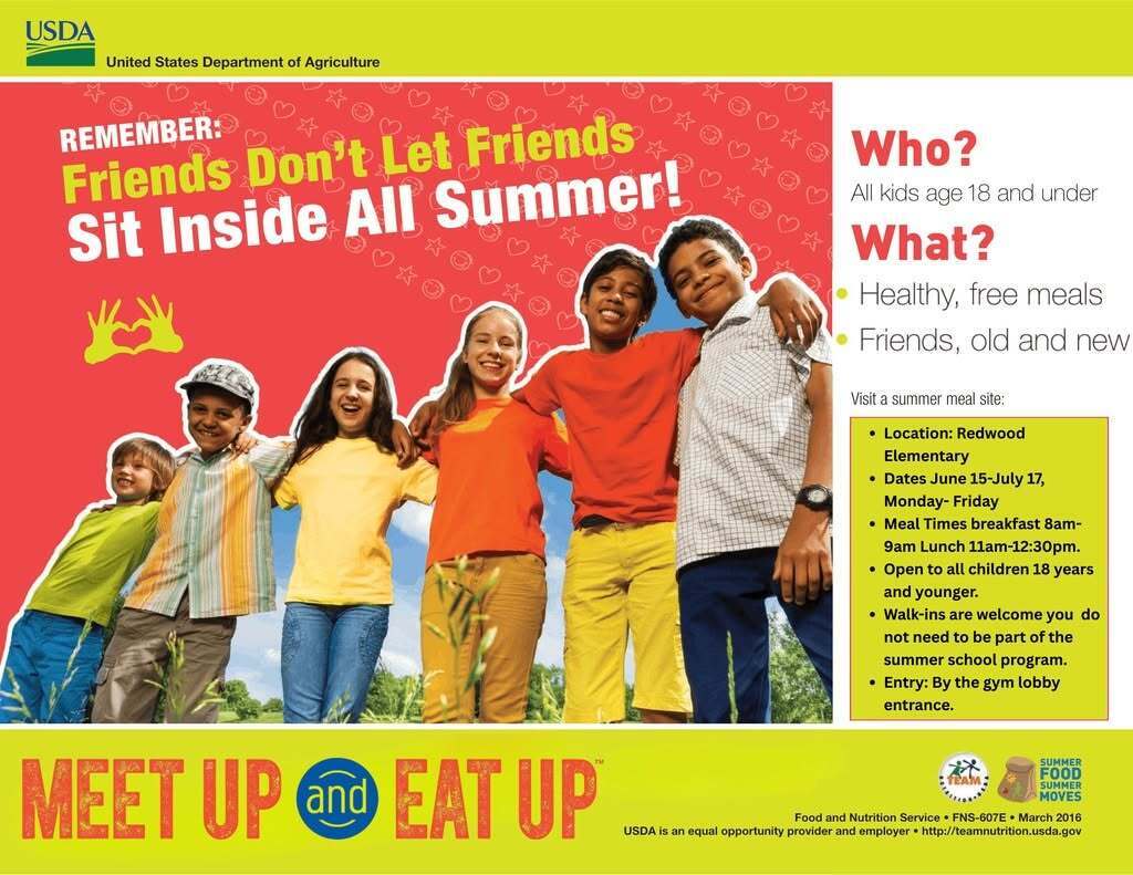 USDA summer meals program poster featuring six children standing together outdoors and smiling. Large text reads, “Remember: Friends Don’t Let Friends Sit Inside All Summer!” On the right, the poster states that all kids age 18 and under can receive healthy, free meals and spend time with friends. A highlighted information box lists a meal site at Redwood Elementary, with dates June 15–July 17, Monday–Friday, breakfast from 8:00–9:00 a.m. and lunch from 11:00 a.m.–12:30 p.m. It notes that the program is open to all children 18 and younger, walk-ins are welcome, and entry is through the gym lobby. The bottom slogan reads, “Meet Up and Eat Up,” with USDA and Summer Food Service Program logos.