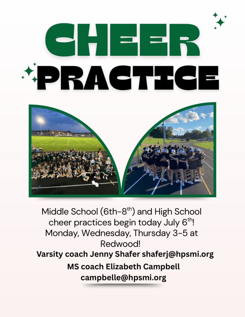 Graphic promoting Hartford Public Schools cheer practices. The headline reads "Cheer Practice" in large green and black letters. Two photos below show Hartford cheerleaders: one is a large group photo on a football field at night, and the other shows the team huddled together on a track before practice. The graphic states that middle school (6th–8th grade) and high school cheer practices begin July 6 and are held Monday, Wednesday, and Thursday from 3:00–5:00 p.m. at Redwood Elementary. Contact information is provided for Varsity Coach Jenny Shafer (shaferj@hpsmi.org) and Middle School Coach Elizabeth Campbell (campbelle@hpsmi.org).