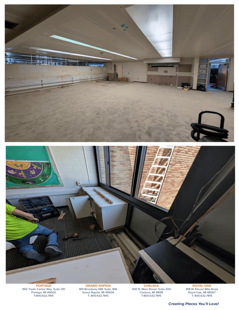 A series of construction progress photos from Hartford Public Schools' summer bond projects. Images show boarded exterior classroom windows awaiting replacement, newly installed plumbing and utility lines, exposed walls during infrastructure upgrades, renovated hallways with updated ceilings and mechanical systems, large classroom spaces cleared for renovation, newly installed windows overlooking the courtyard, upgraded mechanical rooms with new equipment, refreshed restroom fixtures, and water heater and utility improvements. The photos highlight ongoing renovations across the high school and middle school as crews continue modernizing school facilities in preparation for the new school year.