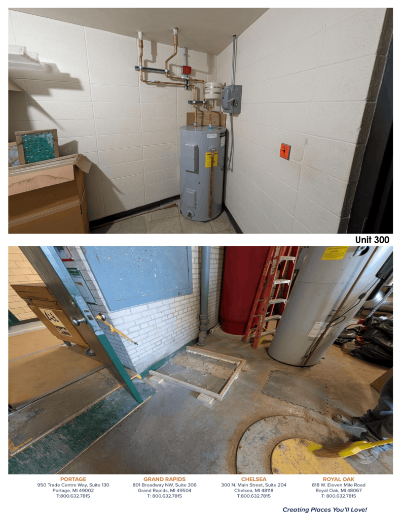 A series of construction progress photos from Hartford Public Schools' summer bond projects. Images show boarded exterior classroom windows awaiting replacement, newly installed plumbing and utility lines, exposed walls during infrastructure upgrades, renovated hallways with updated ceilings and mechanical systems, large classroom spaces cleared for renovation, newly installed windows overlooking the courtyard, upgraded mechanical rooms with new equipment, refreshed restroom fixtures, and water heater and utility improvements. The photos highlight ongoing renovations across the high school and middle school as crews continue modernizing school facilities in preparation for the new school year.