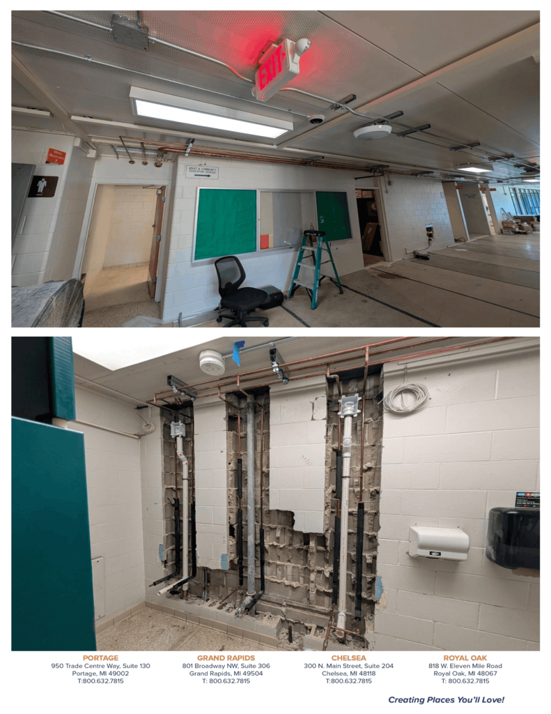 A series of construction progress photos from Hartford Public Schools' summer bond projects. Images show boarded exterior classroom windows awaiting replacement, newly installed plumbing and utility lines, exposed walls during infrastructure upgrades, renovated hallways with updated ceilings and mechanical systems, large classroom spaces cleared for renovation, newly installed windows overlooking the courtyard, upgraded mechanical rooms with new equipment, refreshed restroom fixtures, and water heater and utility improvements. The photos highlight ongoing renovations across the high school and middle school as crews continue modernizing school facilities in preparation for the new school year.