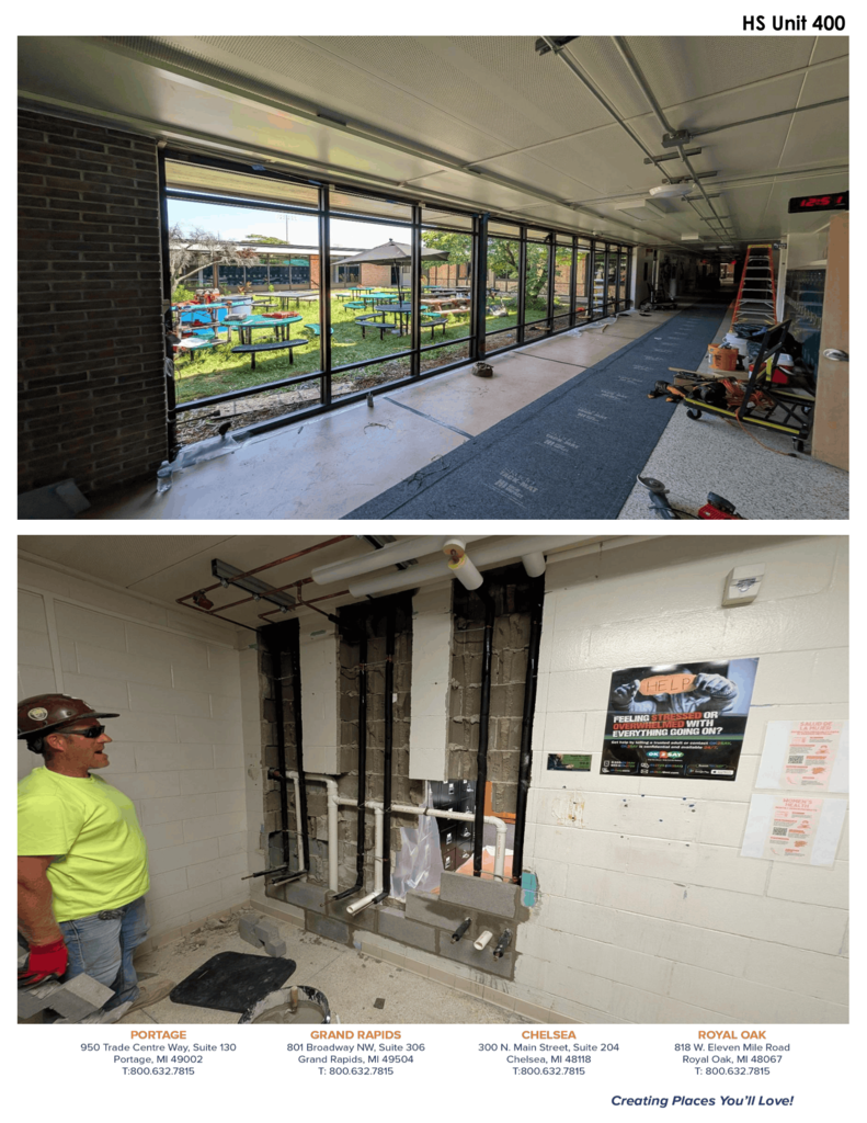 A series of construction progress photos from Hartford Public Schools' summer bond projects. Images show boarded exterior classroom windows awaiting replacement, newly installed plumbing and utility lines, exposed walls during infrastructure upgrades, renovated hallways with updated ceilings and mechanical systems, large classroom spaces cleared for renovation, newly installed windows overlooking the courtyard, upgraded mechanical rooms with new equipment, refreshed restroom fixtures, and water heater and utility improvements. The photos highlight ongoing renovations across the high school and middle school as crews continue modernizing school facilities in preparation for the new school year.