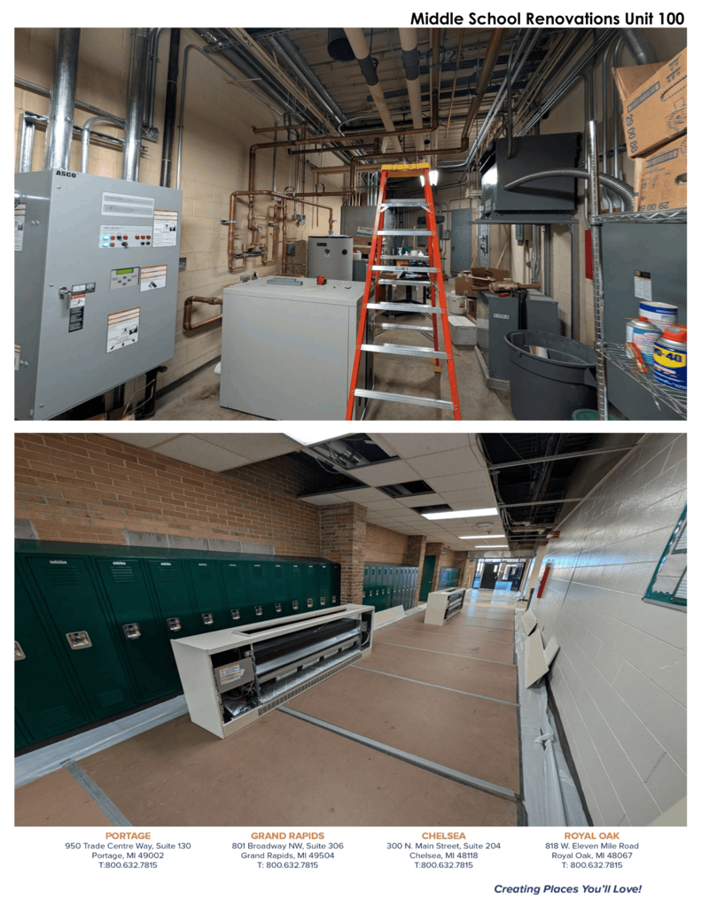 A series of construction progress photos from Hartford Public Schools' summer bond projects. Images show boarded exterior classroom windows awaiting replacement, newly installed plumbing and utility lines, exposed walls during infrastructure upgrades, renovated hallways with updated ceilings and mechanical systems, large classroom spaces cleared for renovation, newly installed windows overlooking the courtyard, upgraded mechanical rooms with new equipment, refreshed restroom fixtures, and water heater and utility improvements. The photos highlight ongoing renovations across the high school and middle school as crews continue modernizing school facilities in preparation for the new school year.