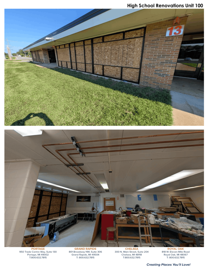 A series of construction progress photos from Hartford Public Schools' summer bond projects. Images show boarded exterior classroom windows awaiting replacement, newly installed plumbing and utility lines, exposed walls during infrastructure upgrades, renovated hallways with updated ceilings and mechanical systems, large classroom spaces cleared for renovation, newly installed windows overlooking the courtyard, upgraded mechanical rooms with new equipment, refreshed restroom fixtures, and water heater and utility improvements. The photos highlight ongoing renovations across the high school and middle school as crews continue modernizing school facilities in preparation for the new school year.