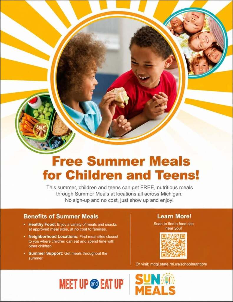 A colorful flyer promoting Free Summer Meals for Children and Teens in Michigan. The design features a large photo of two smiling children eating lunch in the center, with smaller circular images of healthy snacks and a diverse group of children. The text explains that children and teens can receive free, nutritious meals throughout the summer at approved locations across Michigan with no registration or cost. A section highlights benefits including healthy food, neighborhood meal sites, and summer support. A QR code and website (mcgi.state.mi.us/schoolnutrition) are provided to help families find a nearby meal site. The bottom of the flyer includes the Meet Up and Eat Up and SUN Meals program logos.