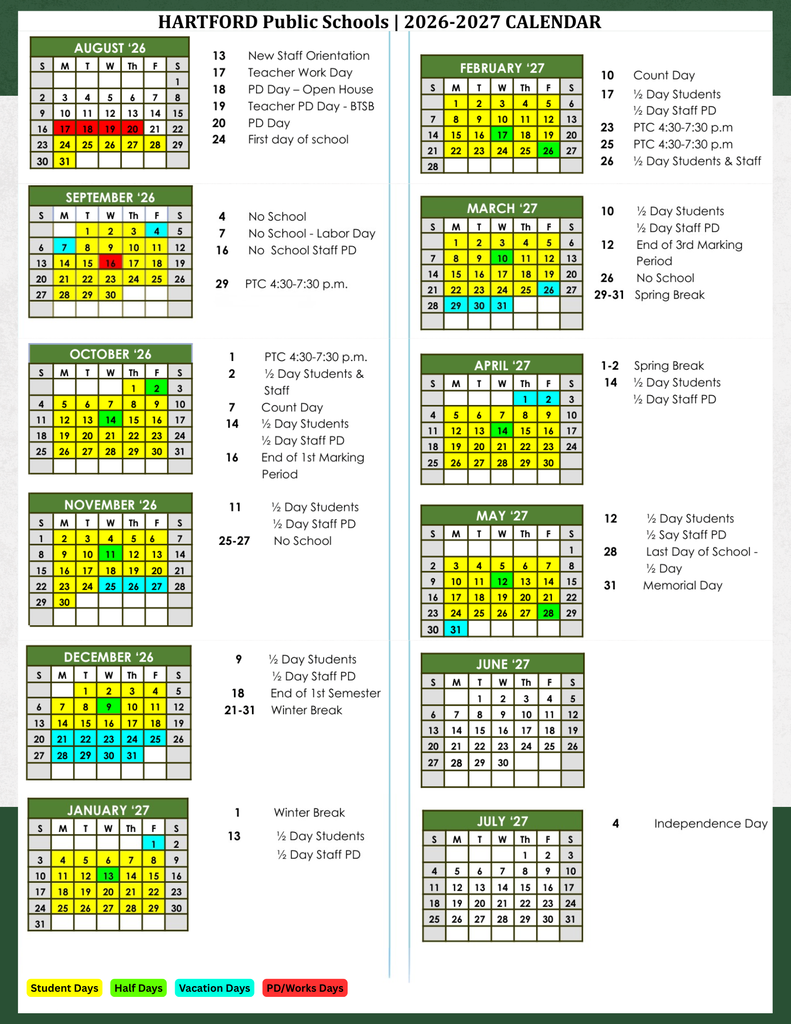 Hartford Public Schools 2026–2027 academic calendar displayed in a month-by-month layout from August 2026 through July 2027. Each month includes a color-coded calendar identifying student attendance days, half days, vacation days, and professional development/work days. Important dates and events are listed alongside each month, including new staff orientation, the first day of school on August 24, Labor Day, parent-teacher conferences, count days, marking period endings, Thanksgiving Break, Winter Break, Spring Break, Memorial Day, and the last day of school on May 28, 2027. A legend at the bottom explains the color coding: yellow for student days, green for half days, blue for vacation days, and red for professional development/work days.