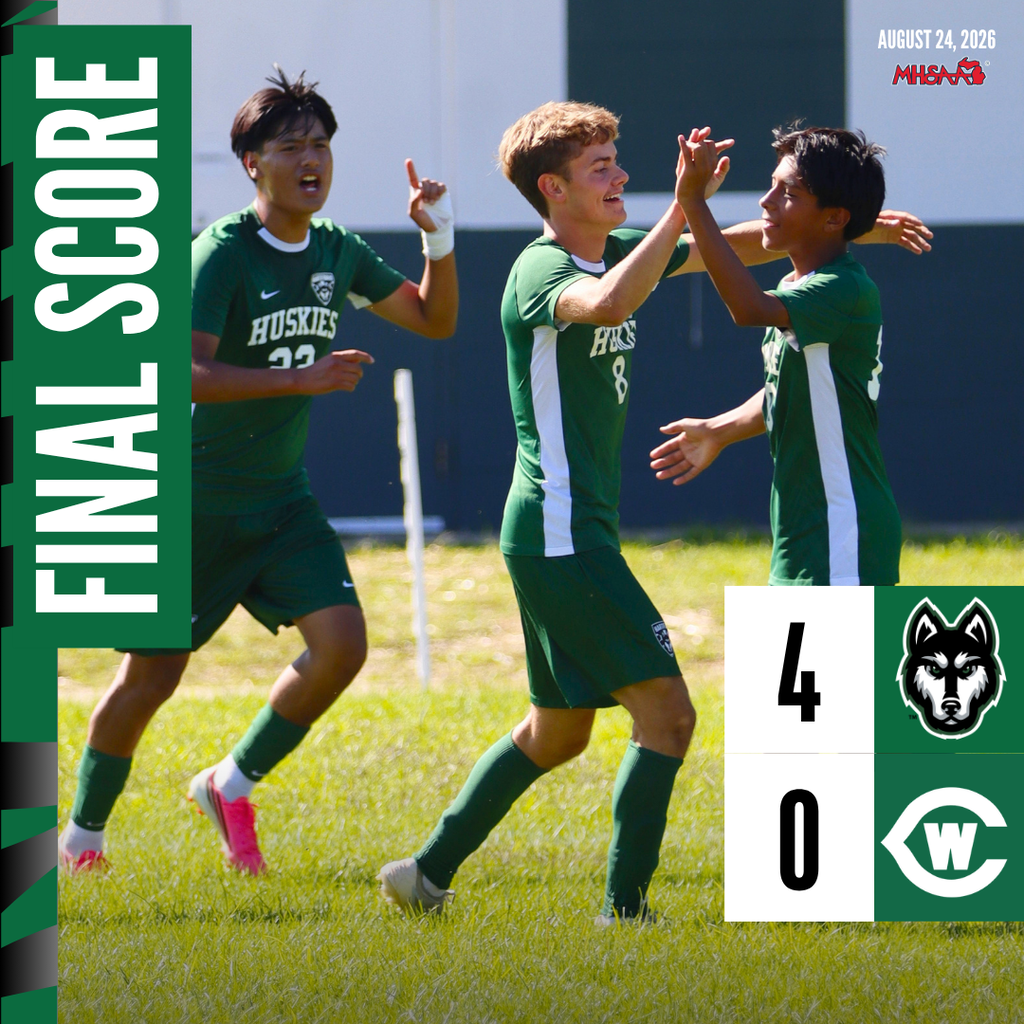 a photo of hartford soccer players celebrating. graphic that says final score hartford 4 west catholic zero. from august 24 2026 presented by the mhsaa.