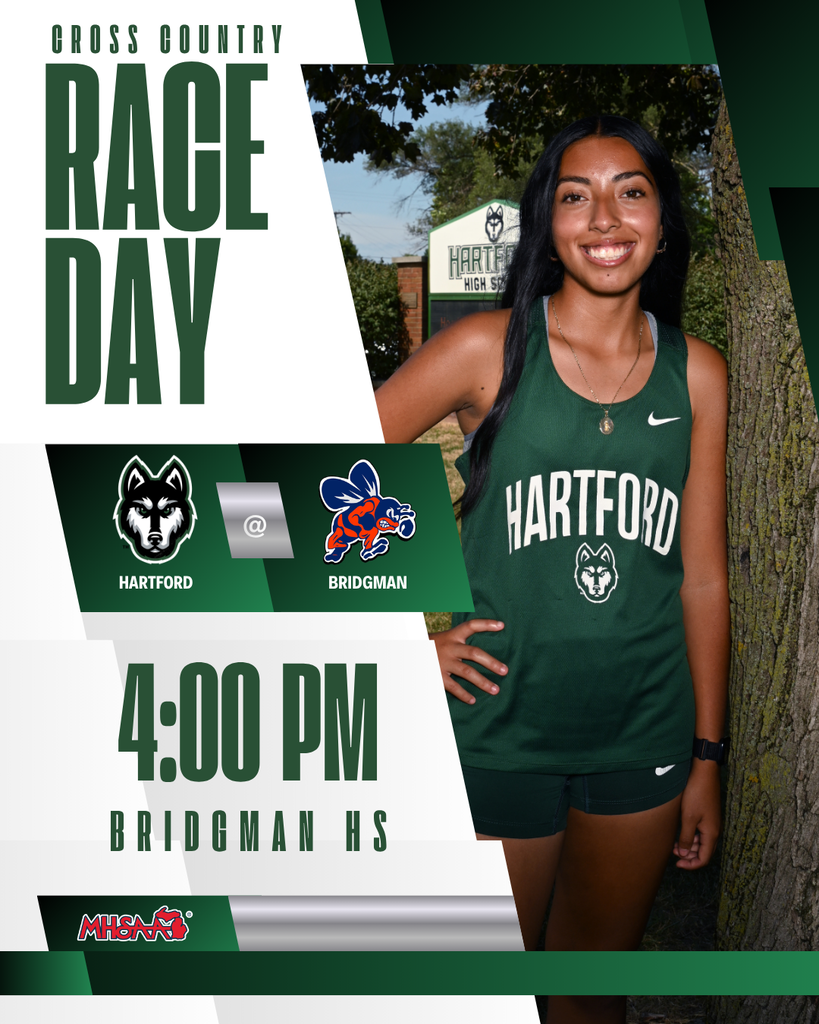 Cross country race day graphic featuring a Hartford runner in a green Hartford uniform. Hartford competes at Bridgman at 4:00 PM at Bridgman High School. MHSAA logo appears at the bottom.
