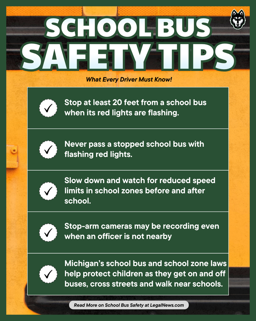 Graphic titled “School Bus Safety Tips: What Every Driver Must Know!” featuring a school bus background and Hartford Huskies logo. Tips include: Stop at least 20 feet from a school bus when its red lights are flashing; never pass a stopped school bus with flashing red lights; slow down and watch for reduced speed limits in school zones before and after school; stop-arm cameras may be recording even when an officer is not nearby; and Michigan’s school bus and school zone laws help protect children as they get on and off buses, cross streets, and walk near schools. The graphic directs readers to LegalNews.com for more information on school bus safety.