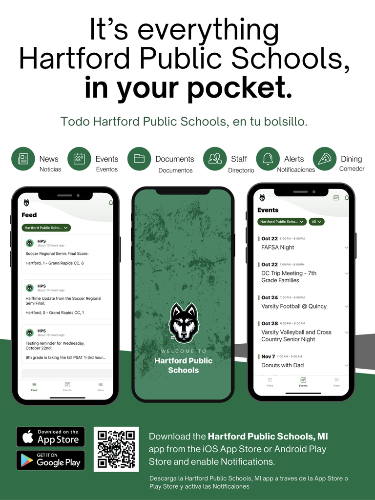 Promotional graphic for the Hartford Public Schools mobile app. Text reads, “It’s everything Hartford Public Schools, in your pocket,” with Spanish translation below. The graphic highlights app features including news, events, documents, staff directory, alerts, and dining, with three smartphone screen examples. App Store and Google Play icons and a QR code are included at the bottom with instructions to download the Hartford Public Schools, MI app and enable notifications.