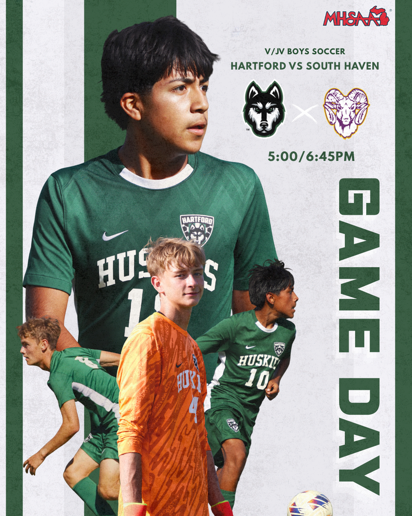 Boys Soccer: Hartford varsity and JV boys soccer host South Haven on game day. JV begins at 5:00 PM, followed by varsity at 6:45 PM.