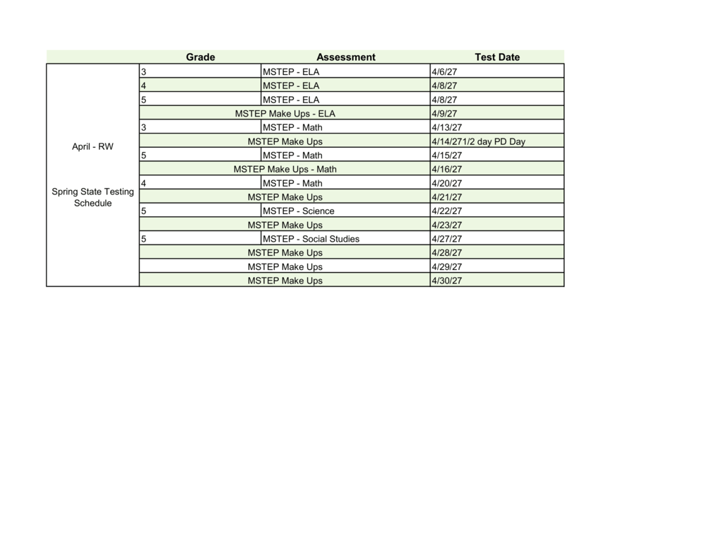 Redwood Elementary Spring State Testing Schedule for April 2027. Grade 3 M-STEP ELA is April 6, grade 4 ELA is April 8, and grade 5 ELA is April 8, with ELA makeups April 9. Grade 3 M-STEP Math is April 13, followed by makeups April 14 during the half-day professional development day. Grade 5 Math is April 15 with makeups April 16. Grade 4 Math is April 20 with makeups April 21. Grade 5 M-STEP Science is April 22 with makeups April 23. Grade 5 M-STEP Social Studies is April 27, with additional M-STEP makeup dates April 28, 29, and 30.