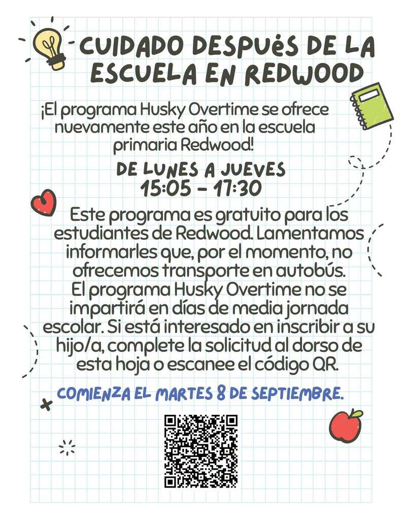 Spanish-language flyer for Husky Overtime after-school care at Redwood Elementary. The free program runs Monday–Thursday from 3:05–5:30 PM, beginning Tuesday, September 8. Bus transportation is not available, and the program does not run on half days. Families can complete the application on the back of the flyer or scan the QR code to enroll.