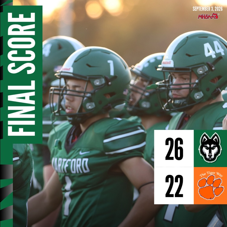 a photo of Hartford football players with a graphic that says final score Hartford 26 gobles 22