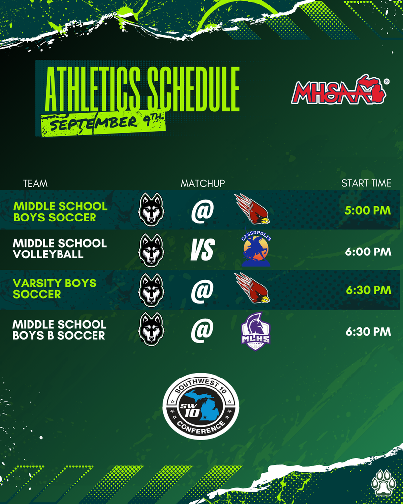 Hartford Huskies Athletics Schedule for September 9. Middle School Boys Soccer plays at Bloomingdale at 5:00 PM. Middle School Volleyball plays vs. Coloma at 6:00 PM. Varsity Boys Soccer plays at Bloomingdale at 6:30 PM. Middle School Boys B Soccer plays at Martin at 6:30 PM. Graphic includes MHSAA and Southwest 10 Conference logos.