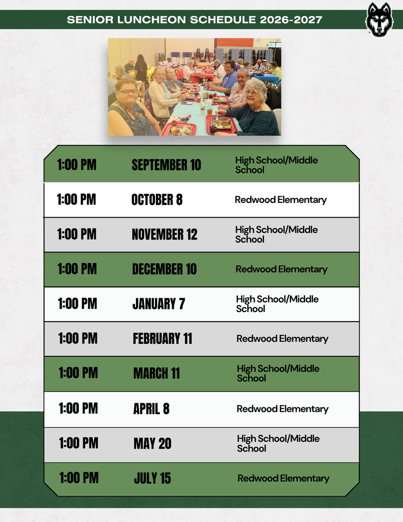 Senior Luncheon Schedule for the 2026–2027 school year. All luncheons begin at 1:00 PM. September 10 – High School/Middle School; October 8 – Redwood Elementary; November 12 – High School/Middle School; December 10 – Redwood Elementary; January 7 – High School/Middle School; February 11 – Redwood Elementary; March 11 – High School/Middle School; April 8 – Redwood Elementary; May 20 – High School/Middle School; July 15 – Redwood Elementary. Flyer includes a photo of senior citizens enjoying a luncheon together and the Hartford Huskies logo.