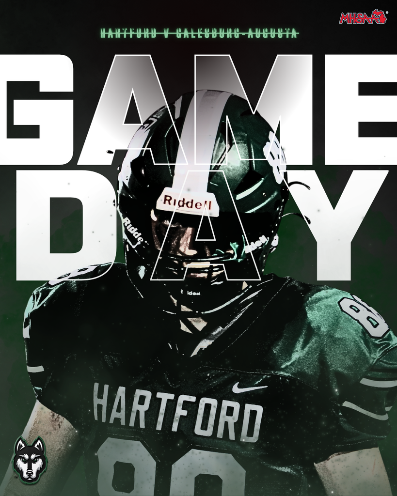Hartford varsity football game day graphic featuring a Hartford Huskies football player in a dark green uniform and helmet. Large white text reading “GAME DAY” fills the background, with “Hartford v Galesburg-Augusta” in green at the top. The Hartford Huskies logo appears in the bottom left and the MHSAA logo in the top right.
