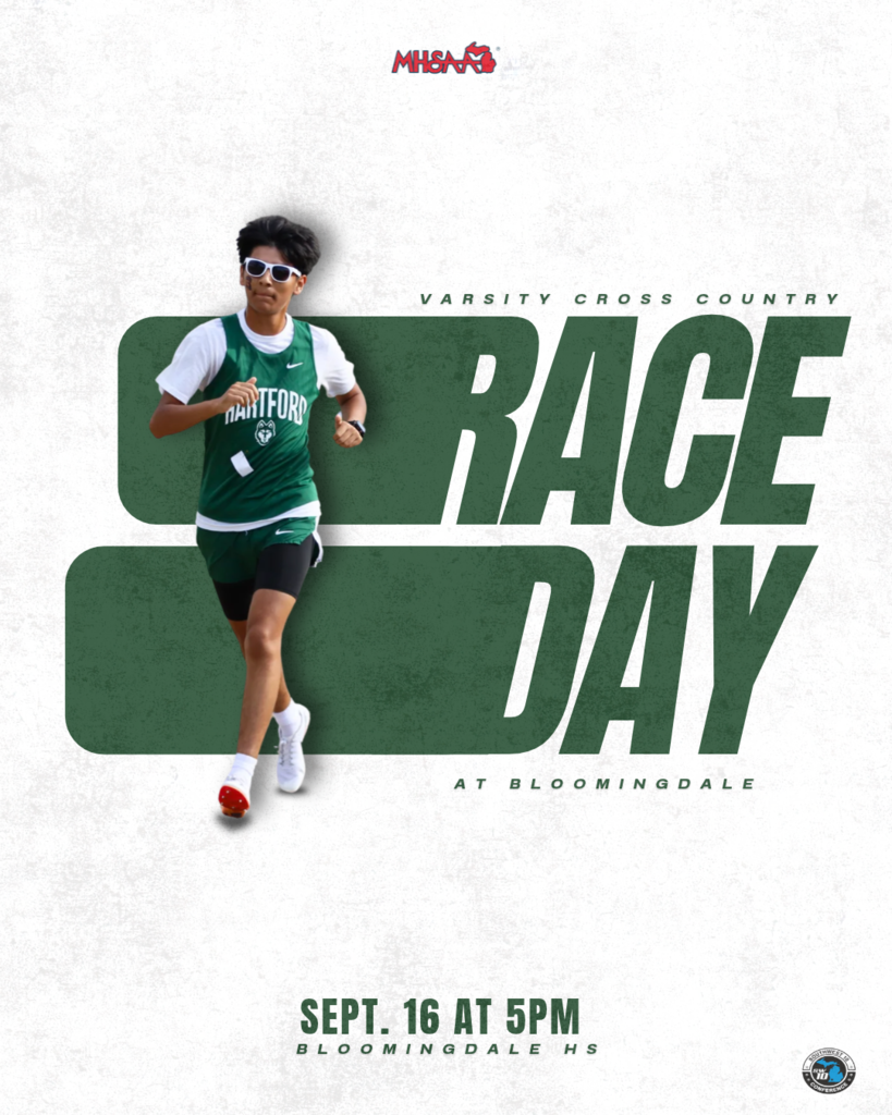 Hartford Varsity Cross Country Race Day graphic featuring a Hartford runner. The Huskies compete at Bloomingdale High School on September 16 at 5:00 PM.