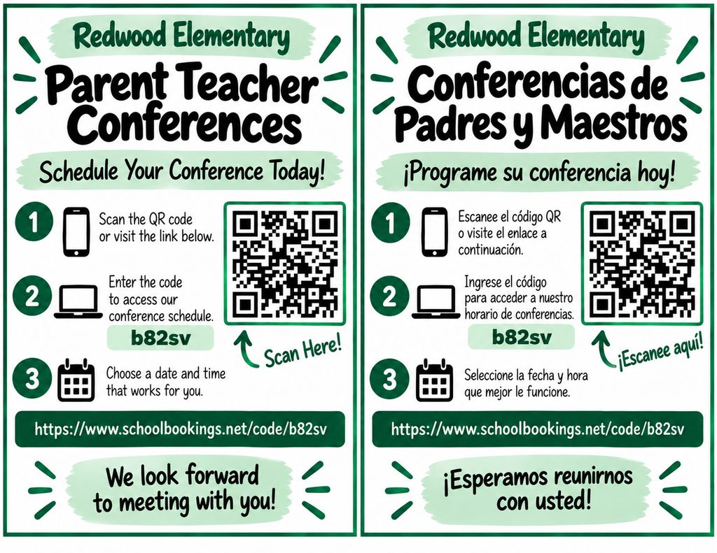 Bilingual Redwood Elementary Parent-Teacher Conferences flyer in English and Spanish. Families are encouraged to schedule a conference by scanning the QR code or visiting schoolbookings.net/code/b82sv, entering code b82sv, and selecting a date and time that works for them.
