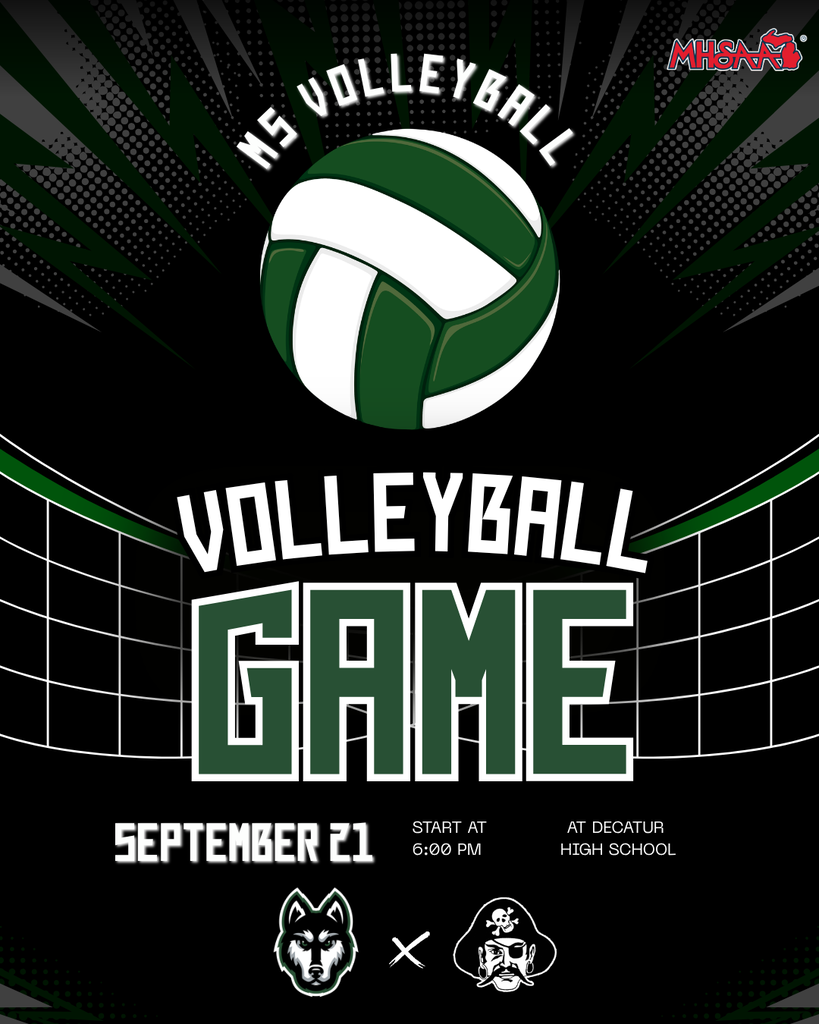 Hartford Huskies volleyball game graphic featuring a green-and-white volleyball above a net. Hartford plays at Decatur High School on September 21 at 6:00 PM.