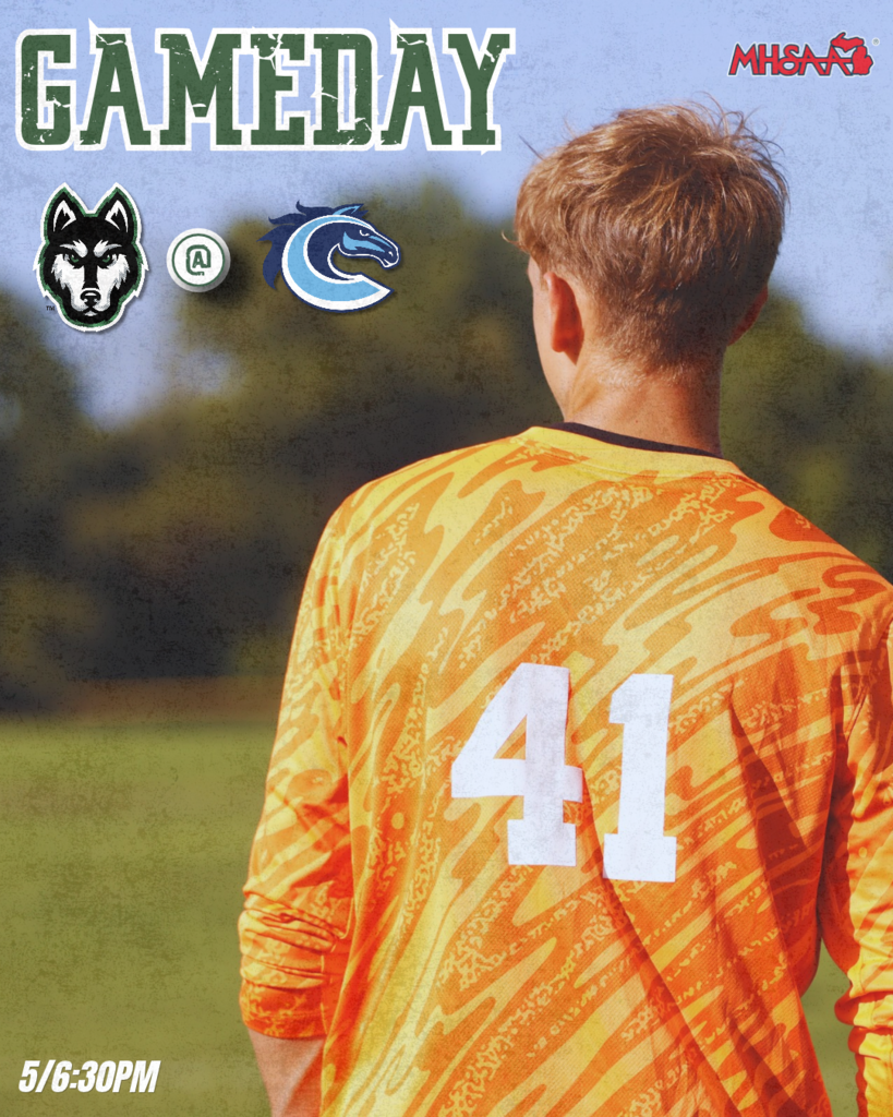 Hartford Huskies gameday soccer graphic featuring a goalkeeper wearing an orange jersey with number 41. Hartford plays on the road against Comstock, with game times at 5:00 and 6:30 PM.