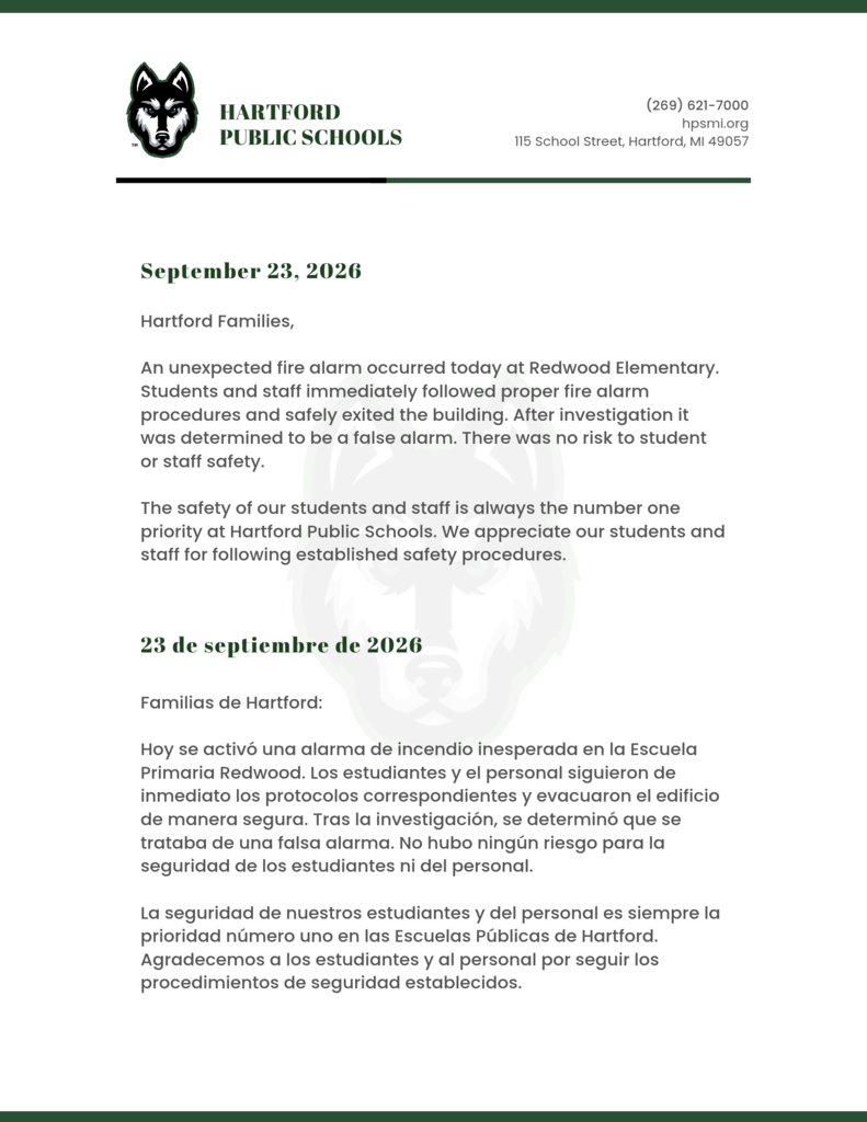 Hartford Public Schools letter dated September 23, 2026, notifying families that an unexpected fire alarm occurred at Redwood Elementary. Students and staff followed proper safety procedures and evacuated the building. After investigation, the alarm was determined to be false, and there was no risk to students or staff. The notice emphasizes that student and staff safety is the district’s top priority. The same message is provided in Spanish below the English version.