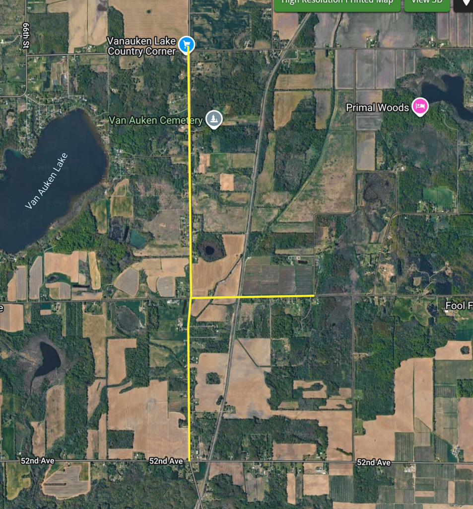 Satellite map showing a highlighted transportation route near Van Auken Lake. The yellow route travels south from Vanauken Lake Country Corner, then east along a rural road before ending near an intersection.