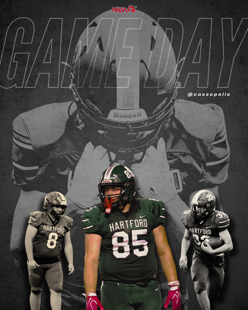 Football gameday graphic featuring Hartford players in green uniforms. A large black-and-white image of a helmeted player fills the background, with three players layered in front. Text reads “GAMEDAY” and “@ Cassopolis,” with the MHSAA logo at the top.