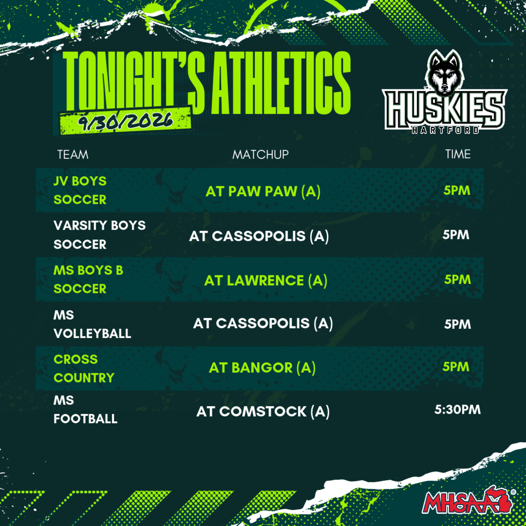 Hartford Huskies “Tonight’s Athletics” graphic for September 30, 2026. JV boys soccer plays at Paw Paw at 5 PM; varsity boys soccer at Cassopolis at 5 PM; middle school boys B soccer at Lawrence at 5 PM; middle school volleyball at Cassopolis at 5 PM; cross country at Bangor at 5 PM; and middle school football at Comstock at 5:30 PM.