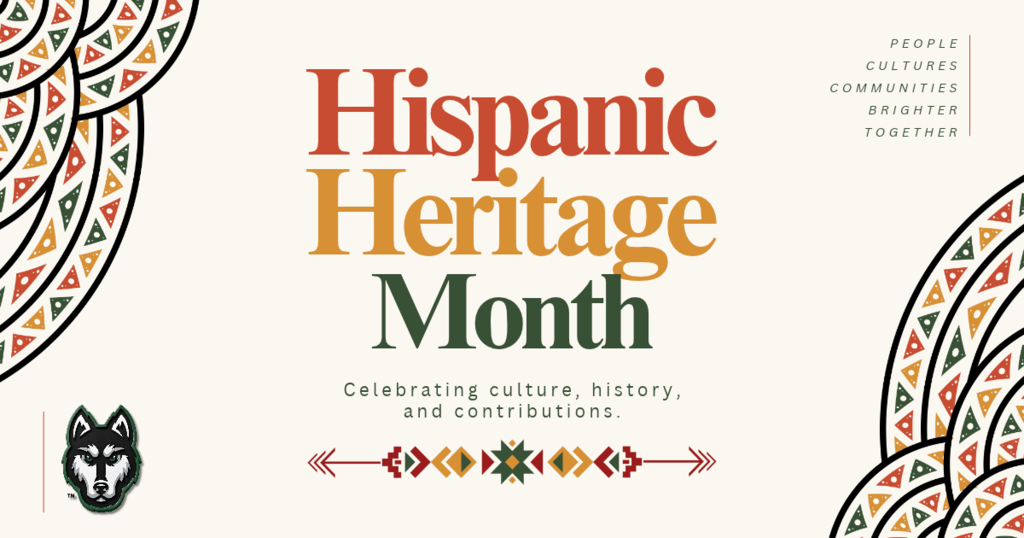 Graphic celebrating Hispanic Heritage Month with decorative red, orange, and green patterns. Large text reads, “Hispanic Heritage Month,” with the message “Celebrating culture, history, and contributions.” The Hartford Huskies logo appears in the lower left.