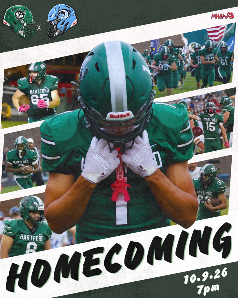 Homecoming football graphic featuring Hartford Huskies players in green uniforms, with a large central image of a player wearing a green helmet and white gloves. Smaller action photos surround him, along with Hartford and Comstock helmet graphics. Text reads “HOMECOMING 10.9.26 7PM.”