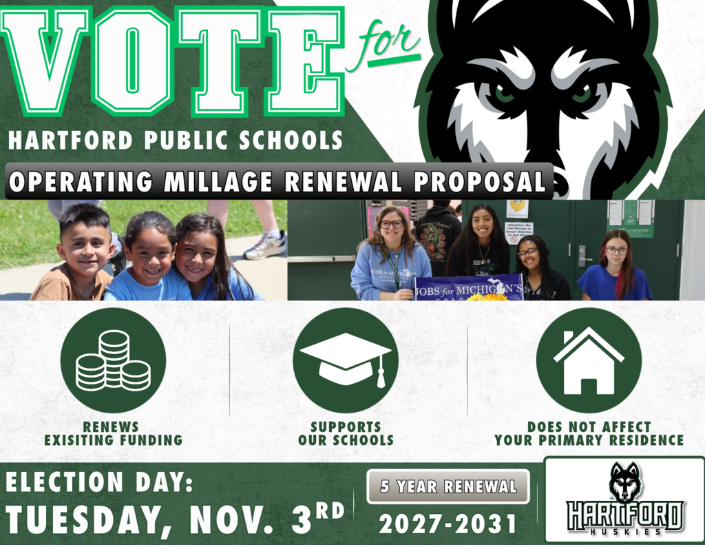 Hartford Public Schools graphic about the Operating Millage Renewal Proposal. The graphic says “Vote for Hartford Public Schools” and features the Hartford Husky logo and photos of students. Three key points state that the proposal renews existing funding, supports our schools, and does not affect a homeowner’s primary residence. Election Day is Tuesday, November 3. The proposal is a five-year renewal covering 2027–2031.